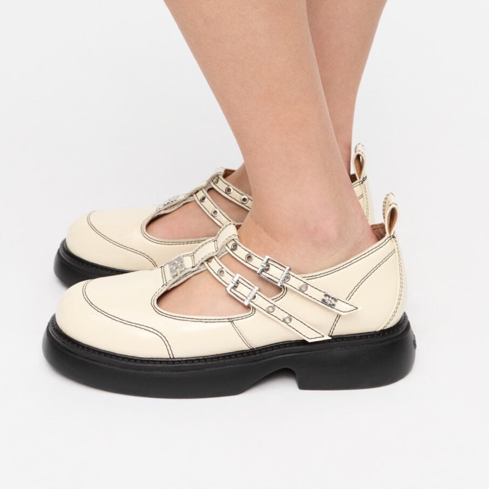 NEW Ganni Everyday Butterfly White Ivory Patent Leather Mary Jane Flats - Picture 3 of 13